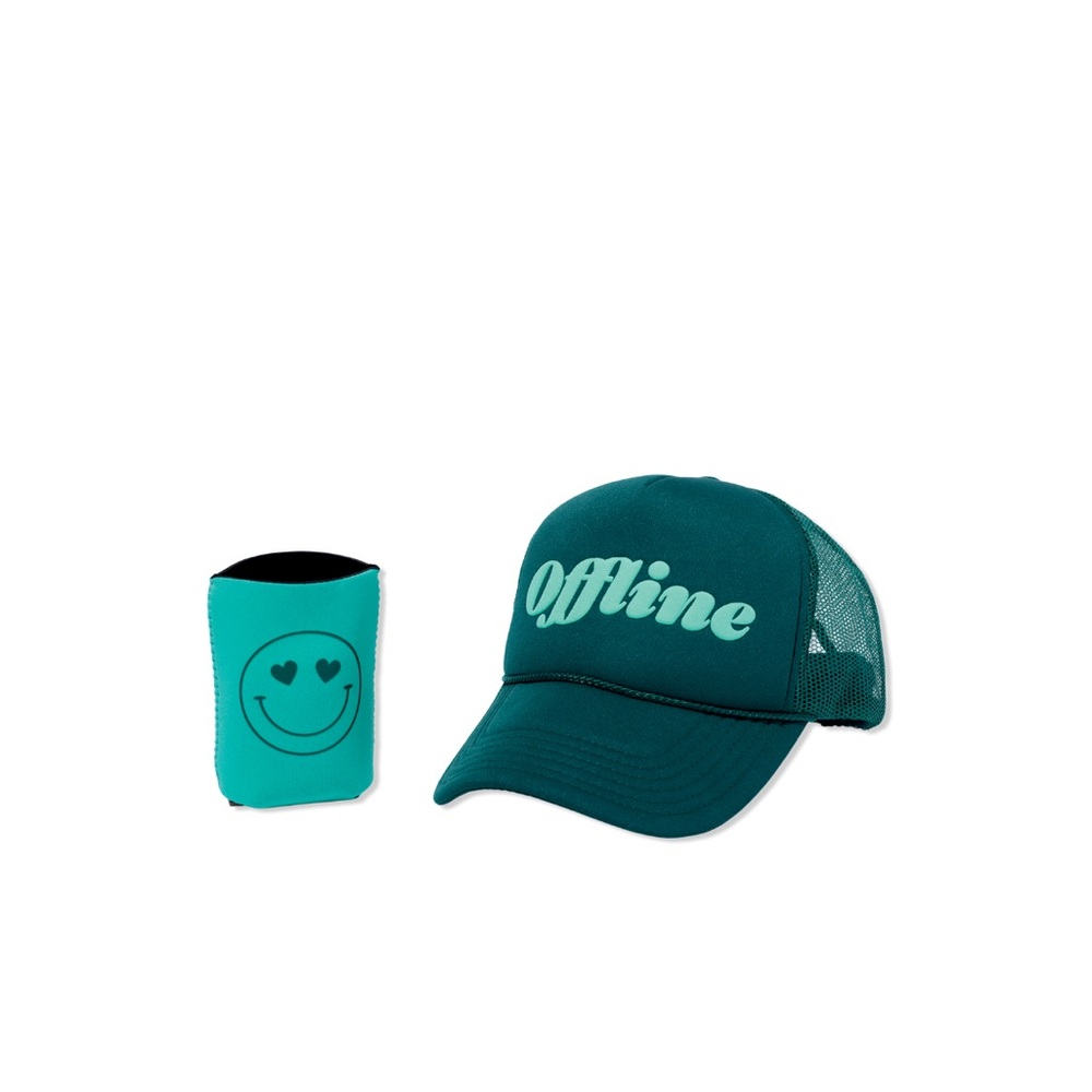 Teal 'Offline' Cap and Smiley Face Koozie Set
